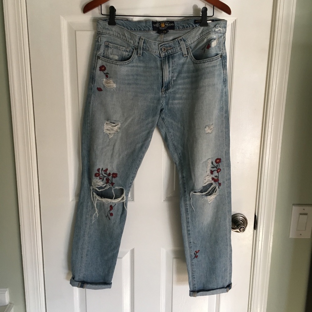 Lucky Brand Light Blue Boyfriend Jeans with Floral Embroidery